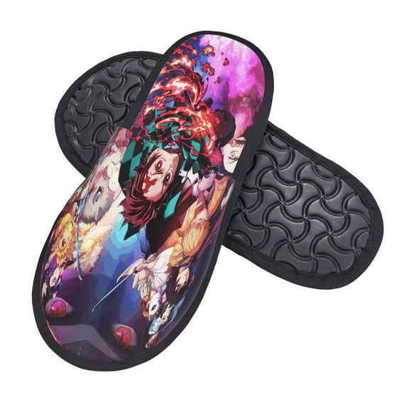Unisex Demon Slayer Cozy Furry Slippers Warm Plush Winter Cotton Slipper, Indoor Outdoor Shoes Non-Slip For Women Men Large