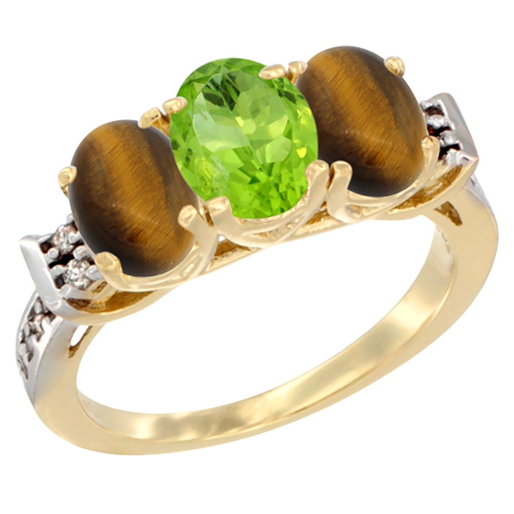 10K Yellow Gold Natural Peridot & Tiger Eye Sides Ring 3-Stone Oval 7x5 mm Diamond Accent, sizes 5 10 by WorldJewels