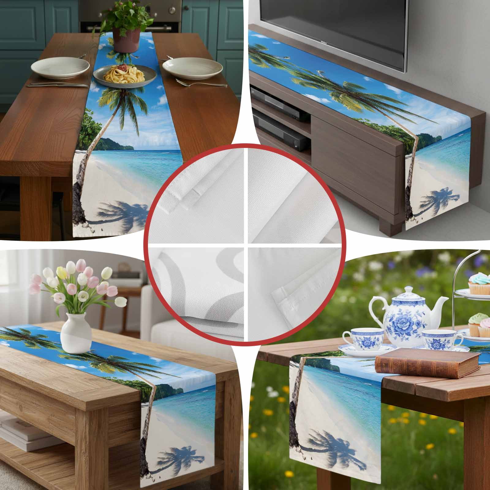 Summer Beach Coconut Tree Table Runner 90 Inches Long, Blue Ocean Sky Table Runners Tabletop Scarf Kitchen Dining Tables Decoration for Home Party Indoor Outdoor