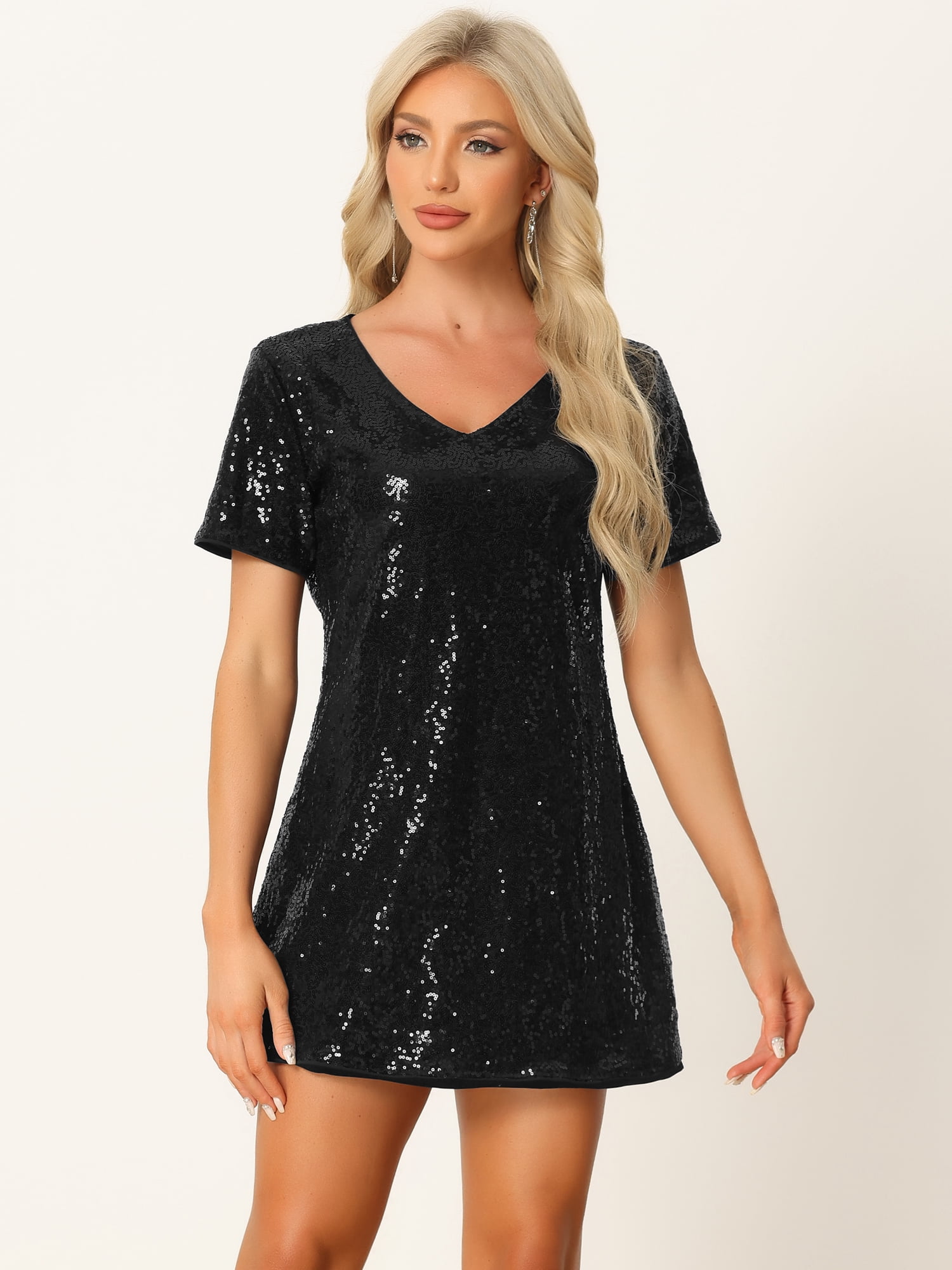 DARING DIVA Women's Glitter Sequin V Neck Mini Clubwear Party Dress 2XL Black