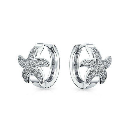 Bling Jewelry .925 Silver Micro Pave CZ Nautical Starfish Huggie Hoop Earrings Rhodium Plated