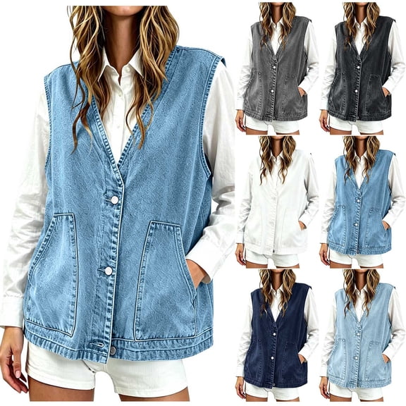 Women’s Loose Fit V Neck Denim Vest Sleeveless Button up Waistcoat with Pockets, Solid Color Casual Jean Vest for Spring Fall White