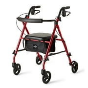Medline Superlight Folding Aluminum Mobility Rollator Walker, Red, 250 lb. Weight Capacity, 6" Wheels, Adjustable
