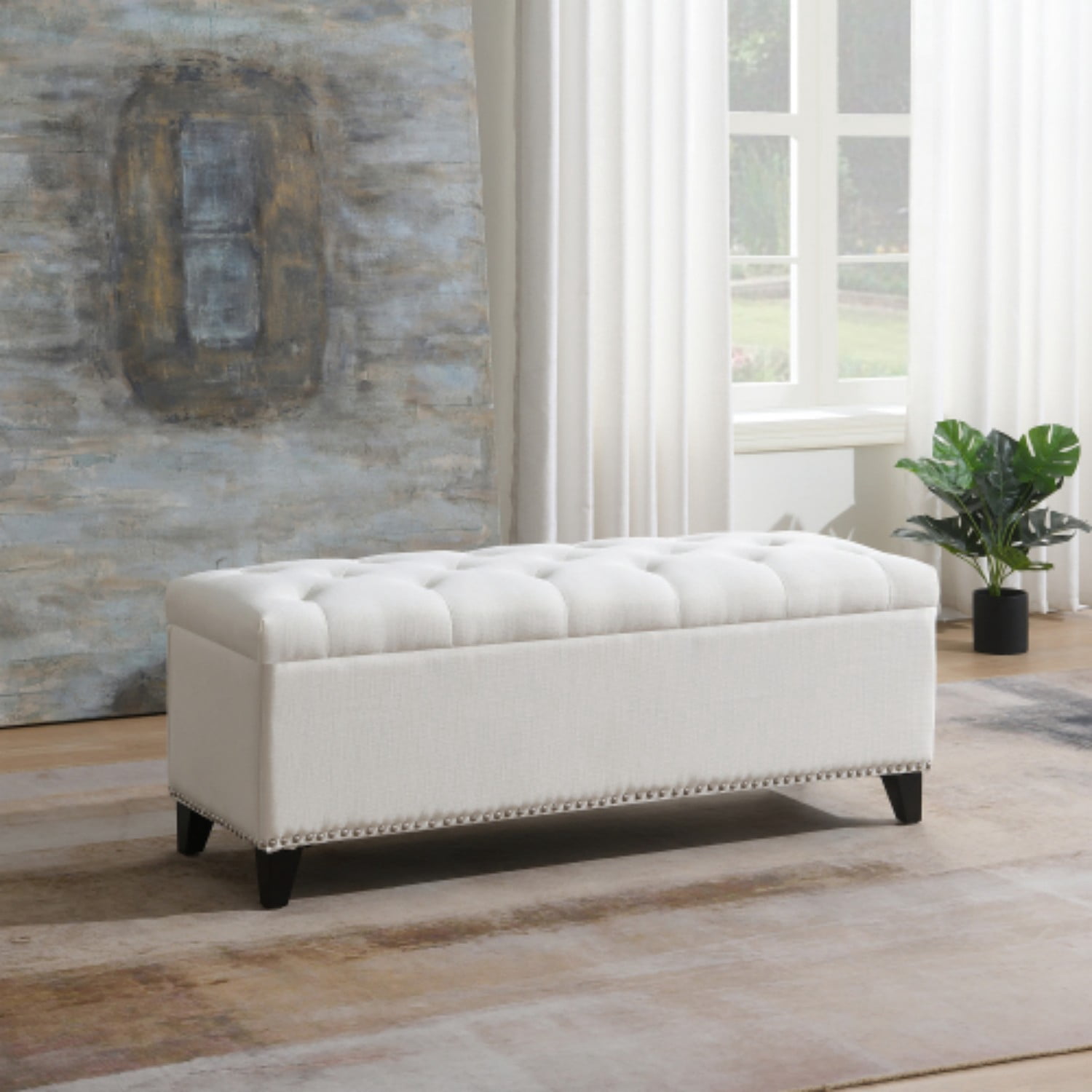 47.5" Storage Ottoman Bench with Safety Hinge, Linen Tufted Storage Bench for Bedroom, Entryway, Living Room, End of Bed Bench, Beige
