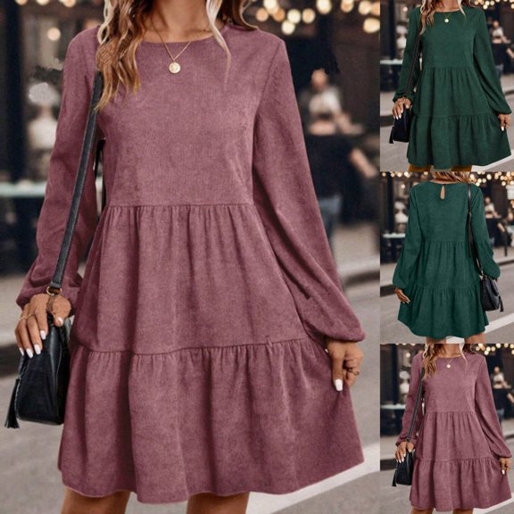 QATAINLAV Womens Corduroy Dress Long Sleeve Ruffle Hem Mini Dresses Casual High Waist Layered Dress Crew Neck Babydoll Spring Dress