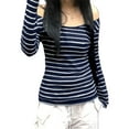 thumbnail image 2 of Elippeo Women's Off Shoulder Tops Slim Striped Long Sleeve Casual T-Shirt for Fall Streetwear, 2 of 8