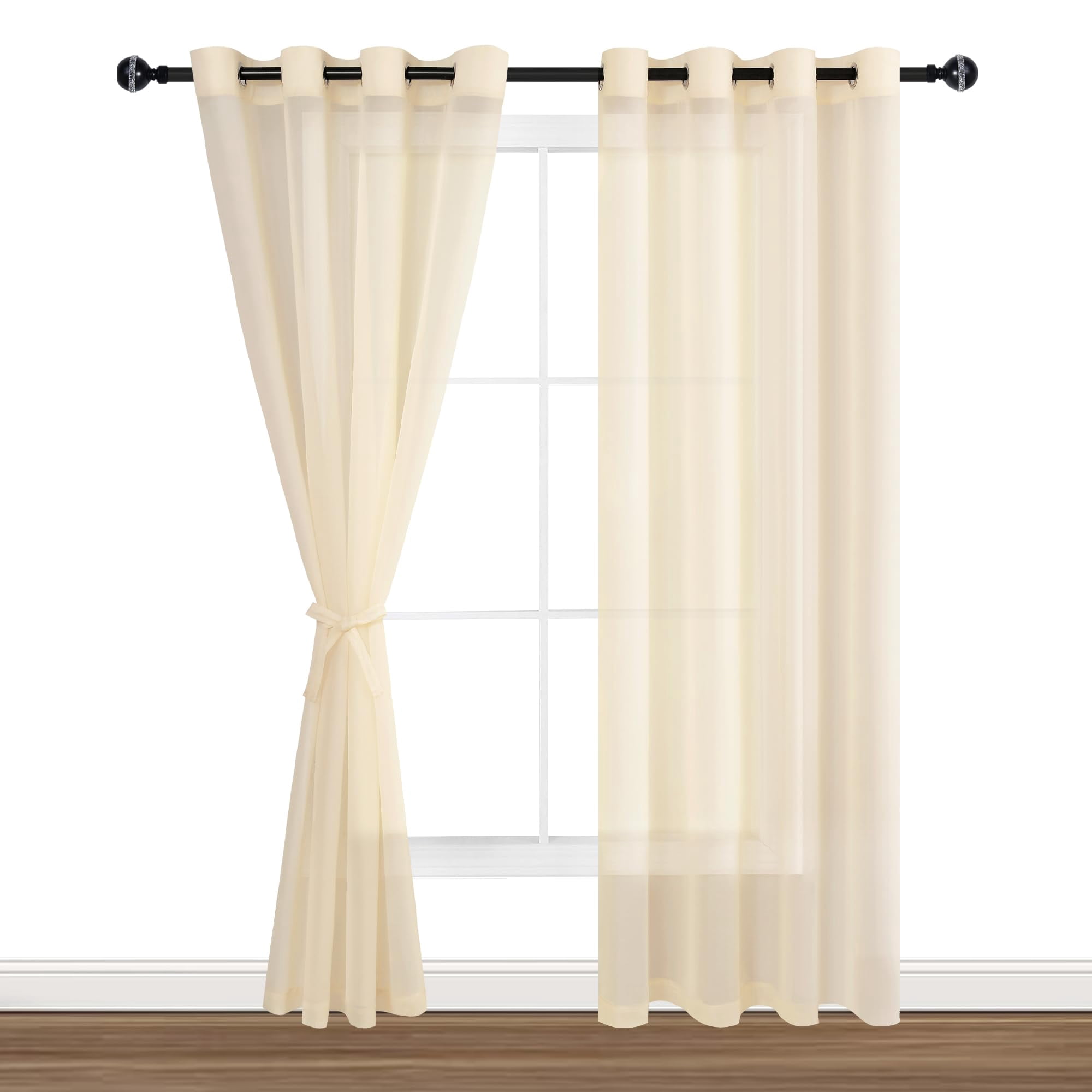 Hiasan Beige Sheer Curtains with Tiebacks-Light Filtering Contemporary Window Drapes for Living Room, Bedroom, Grommet, 52" x 84", Set of 2