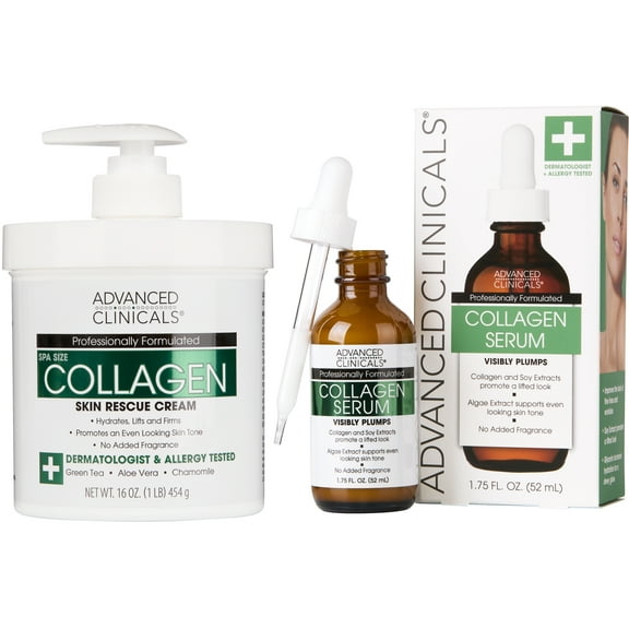 Advanced Clinicals Collagen Skin Care Set - Moisturizing Body Cream & Face Serum Bundle
