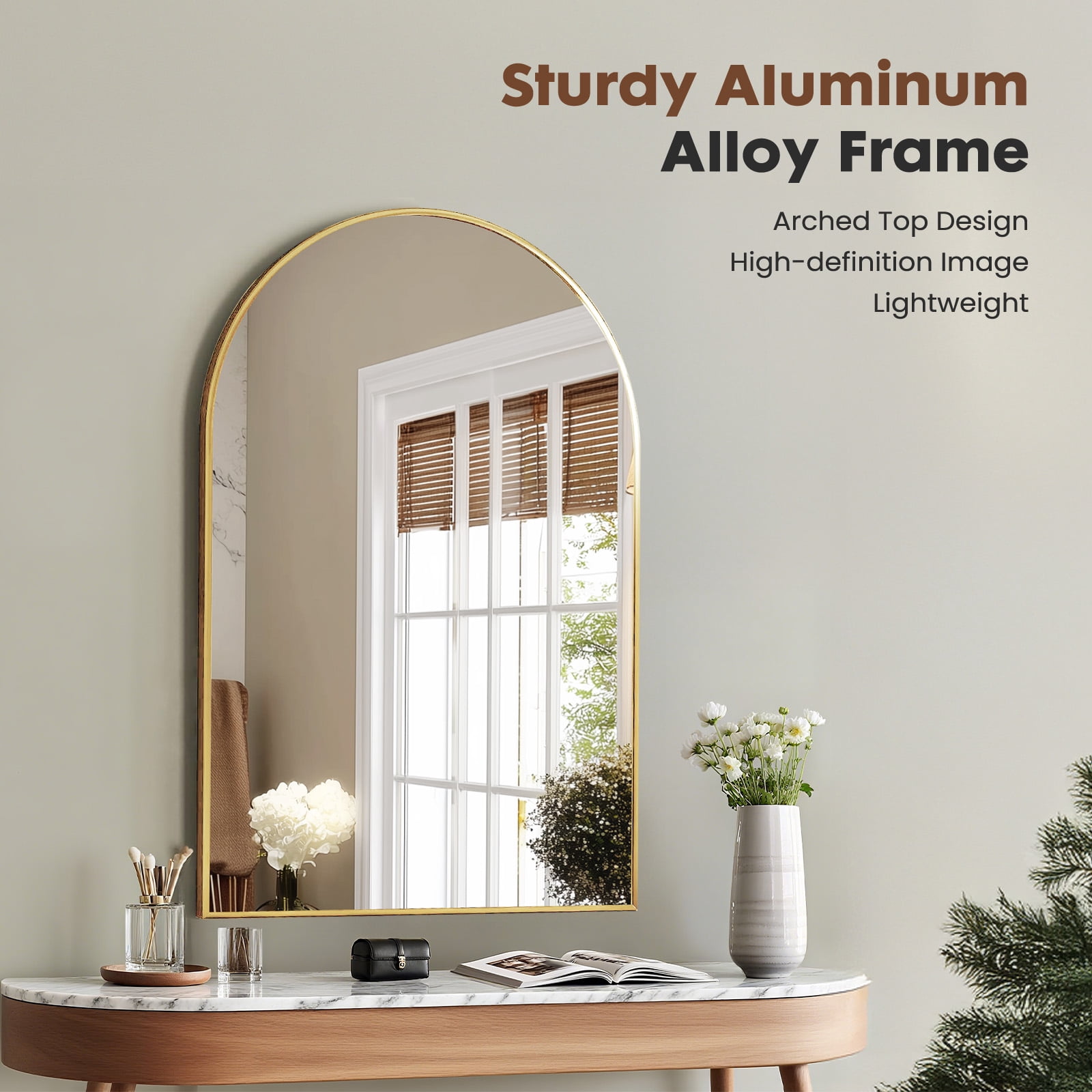 Gianna 22"x30" Arched Wall Mirror, Modern Aluminum Frame Decorative Mirror for Bathroom, Bedroom, Living Room, or Entryway, Gold