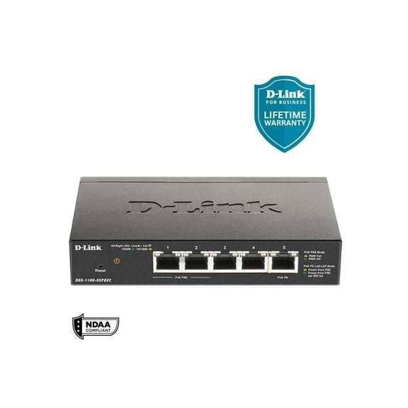 D-Link DGS 1100-05PDV2 - Switch - smart - 5 x 10/100/1000 (2 PoE) - desktop - PoE (18 W)