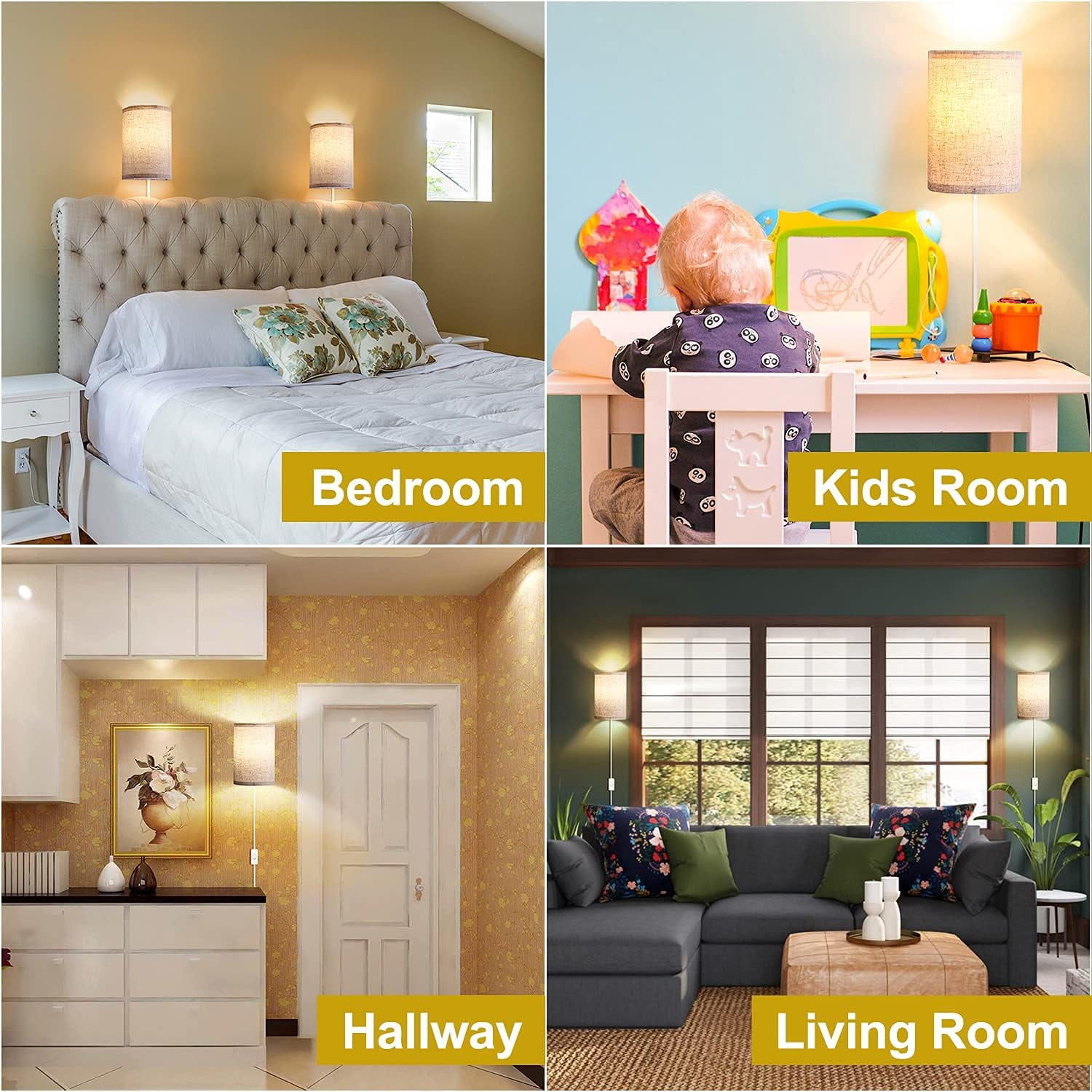 CTAnnie Wall Sconces Set of Two, Wall Lamp Plug in with On/Off Switch, 2700K 4000K 5000K Selectable, Wall Lights for Bedroom, Living Room, Wall Decor for Bedroom, Fabric Linen Lamp Shades
