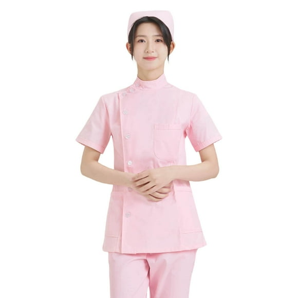 AWZXDE Short Nurse Uniform Set With Side Snaps Solid Color Lab Coat For Dental Beauty Medical Professionals Summer Lightweight Long Short Sleeve Scrubs With Hood Pink,XXL