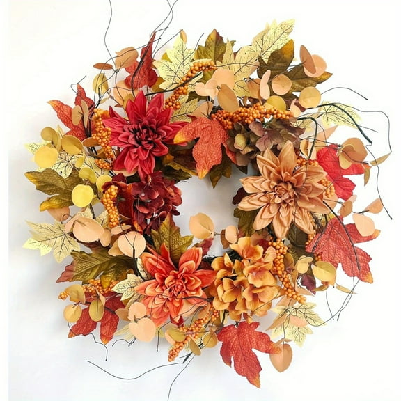 24 Inch Fall Wreaths for Front Door with Maple Leaves Dahlia, Fall Door Wreath Autumn Wreath for Thanksgiving Halloween Outdoor Indoor Farmhouse Party Holiday Porch Home Decor