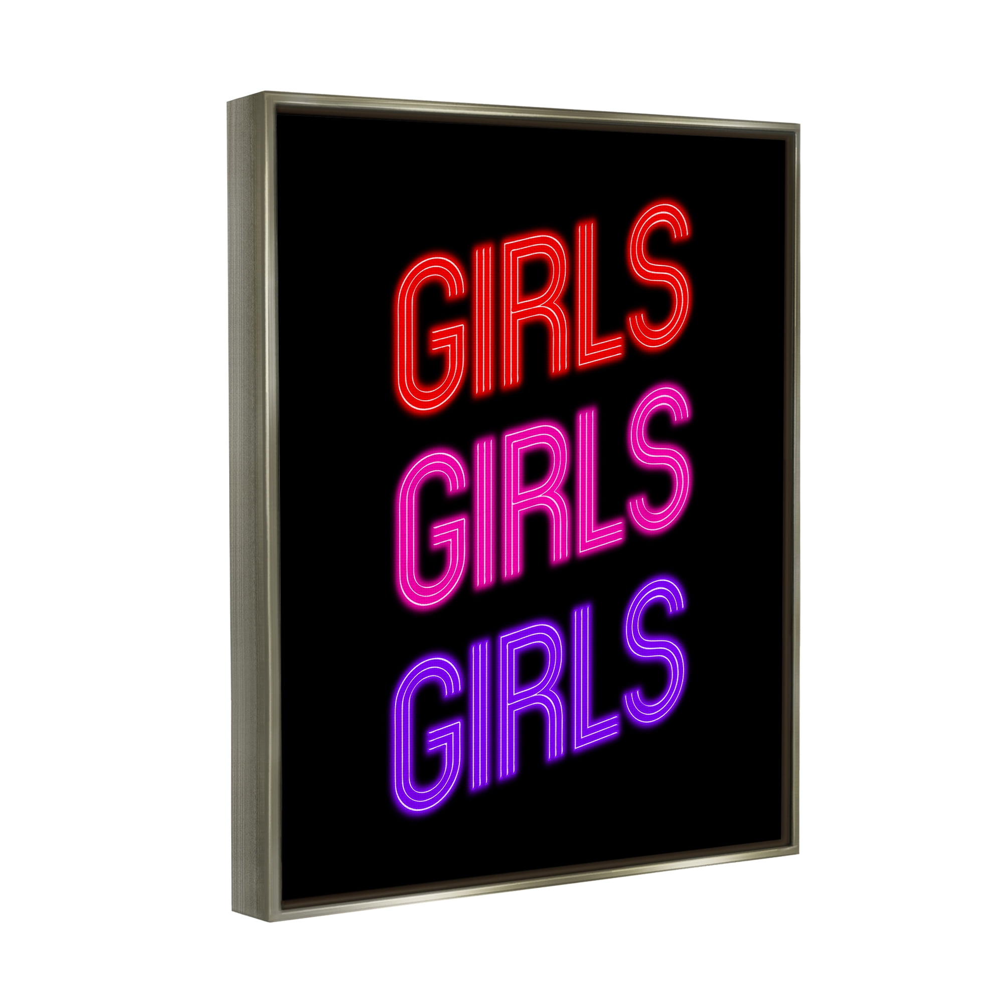 Stupell Industries Vivid Neon Girls Sign Inspirational Painting Gray Floater Framed Canvas Art Print Wall Art, 17 x 21