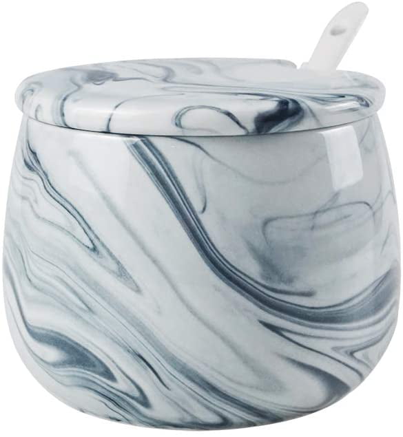 LIONWEI LIONWELI White Sugar Bowl, Ceramic Sugar Bowl with Lid and Spoon for Home and Kitchen 10 oz（300ml