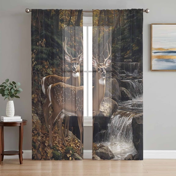 Forest Deer Semi Sheer Window Curtains 63 Inches Long, Farmhouse Vintage River Elk Rod Pocket Voile Silky Chiffon Curtain Light Filtering Drapes for Living Room, Kitchen, Bedroom, 52"x63", 2 Panels