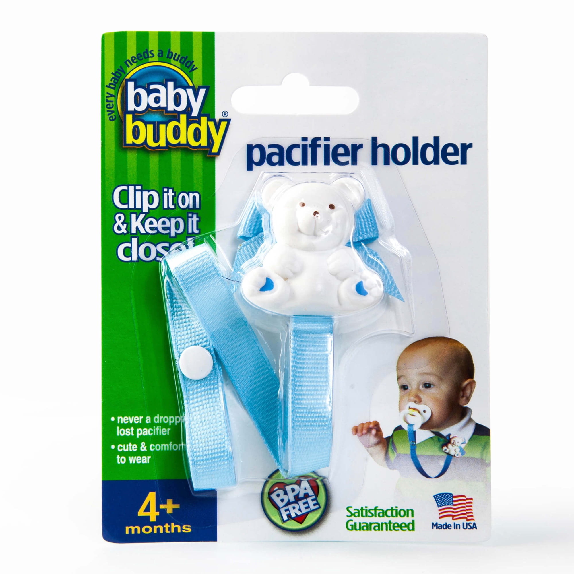 Baby Buddy Pacifier Holder Clip- Cute Fashionable Bear Clip onto Babys Shirt, Snap to Paci, Teether, Toys, Lt Blue, 1pk