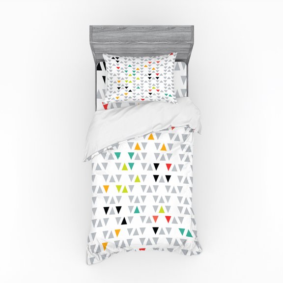 Geometric Duvet Cover Set, Modern Art Inspired Hipster Arrangement of Small Triangles Different Color Tones, Bedding Set with Shams and Fitted Sheet, 3 Sizes, by Ambesonne