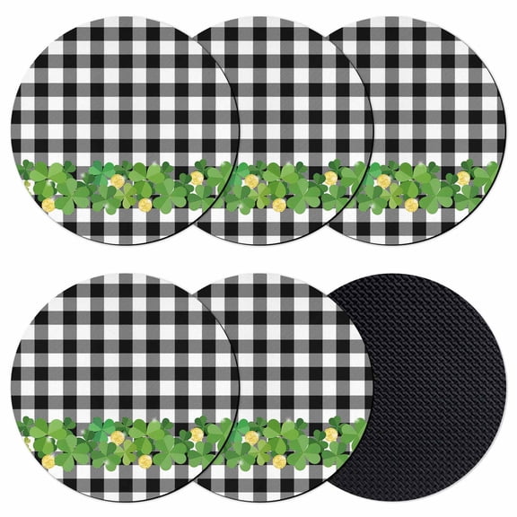 St. Patrick's Day Coasters Set of 6, Absorbent Coasters for Drinks, Lucky Shamrock Grasses Black White Plaid Coaster for Desk Coffee Table Protection, Home Decor House Warming Gifts 4"