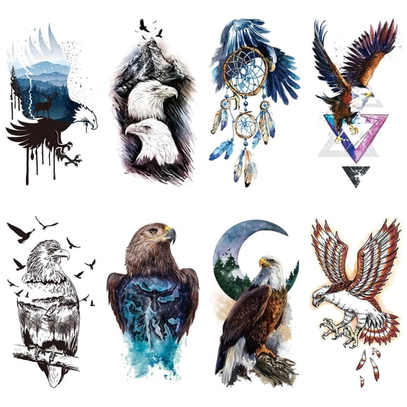 Glaryyears 8 hojas acuarela águilas blancas animales tatuaje temporal brazo pecho pierna tatuaje pegatina para hombres mujeres arte corporal en la espalda hombro impermeable tamaño grande