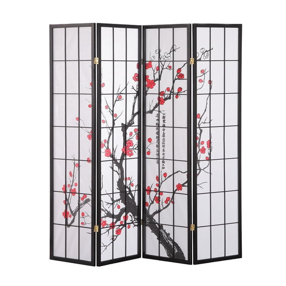 Roundhill Furniture Japanese 4-Panel Screen Room Divider in Plum Blossom