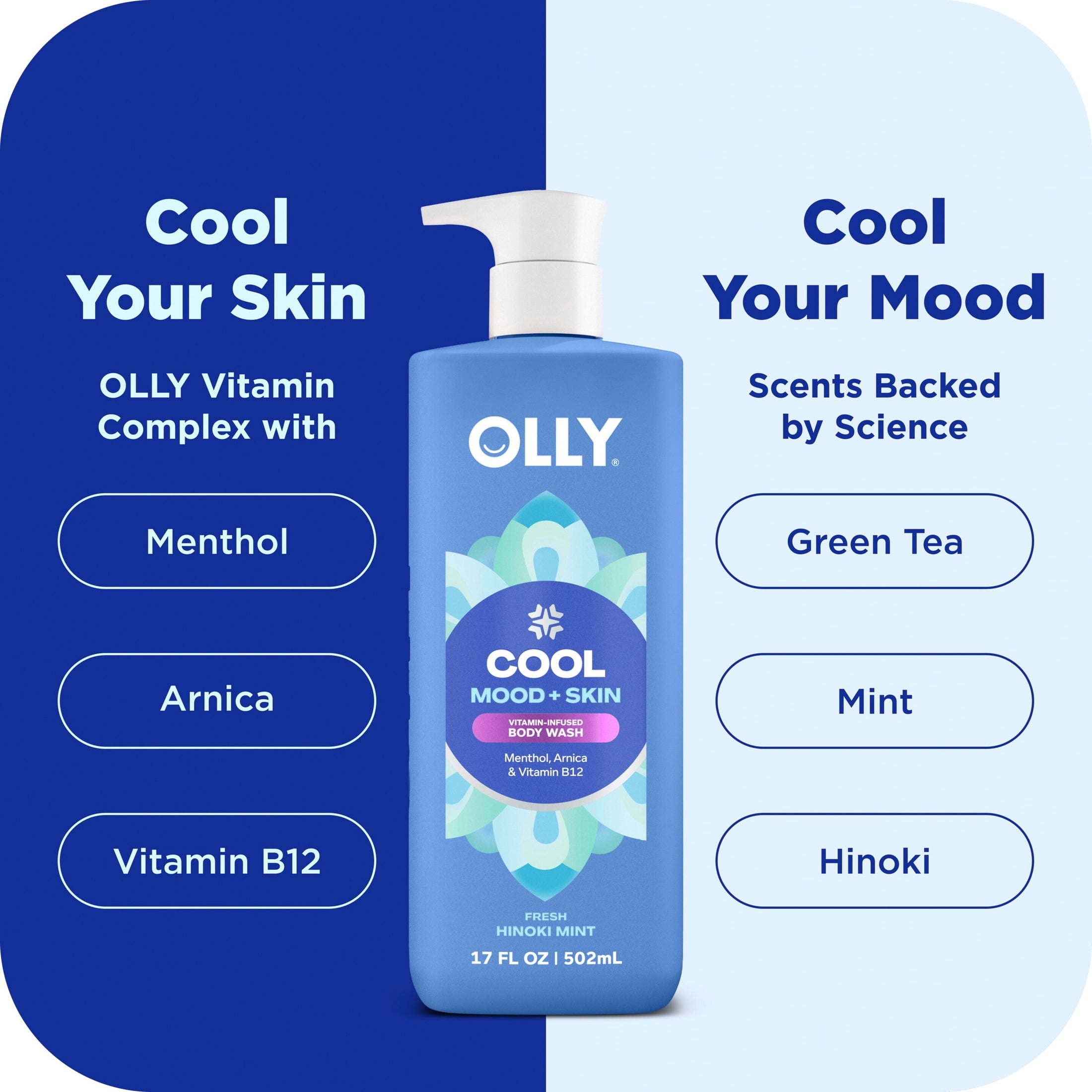OLLY Body Wash Infused with Arnica & Vitamin B12 Cool Mood + Skin Hydrates & Cools Skin 17 FL oz
