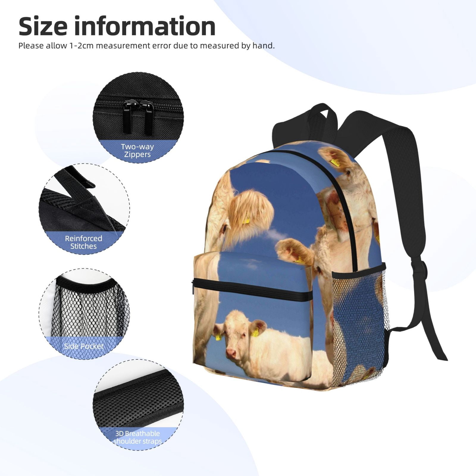 Vsdgher Cows Cattles Print Unisex Large Capacity Bookbag Schoolbag Casual Daypack for High School/College/Teens/Travel/Work