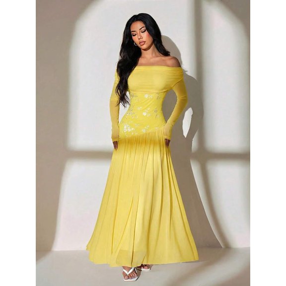 Women Yellow One Shoulder Long Sleeve Floral Embroidery Ruched Waist Maxi