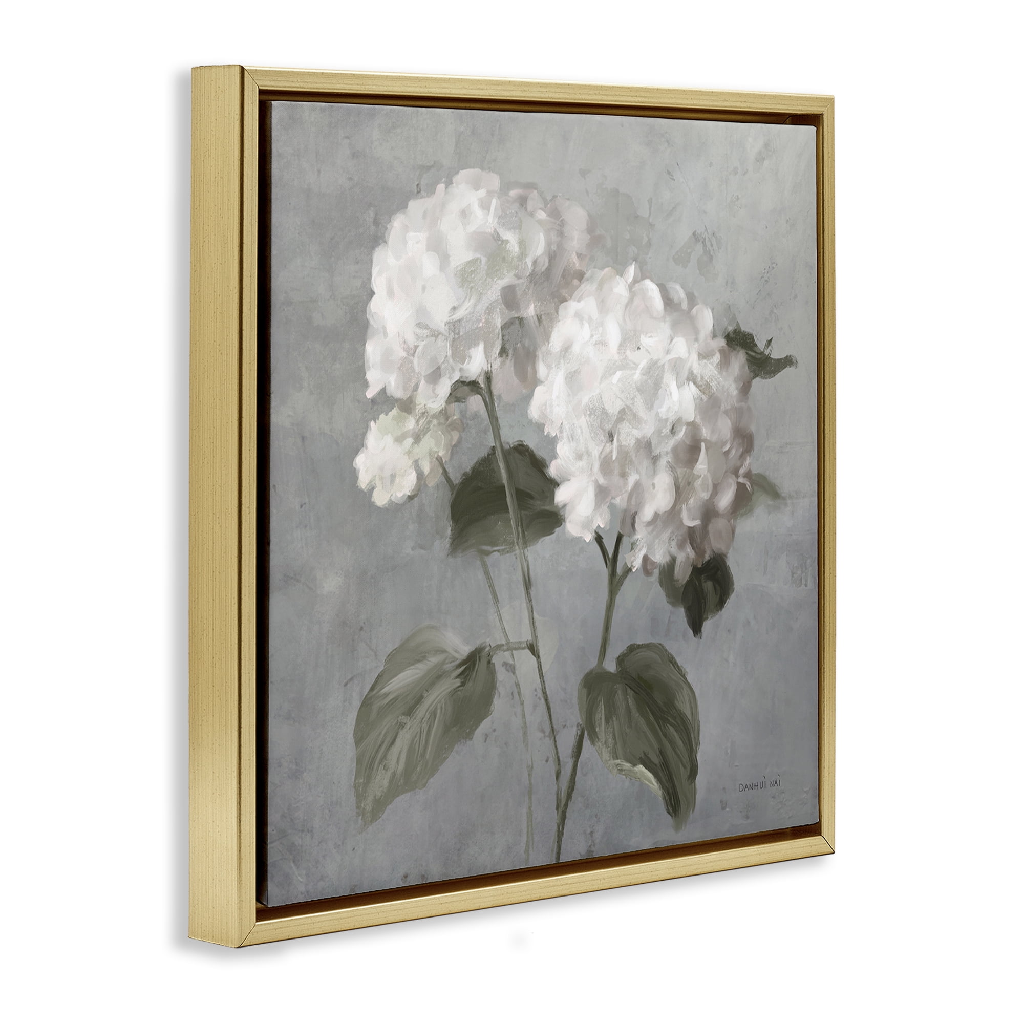 Stupell Industries White Hydrangeas Pair Plants & Flowers Painting Gold Floater Framed Canvas Art Print Wall Art, 18 x 18