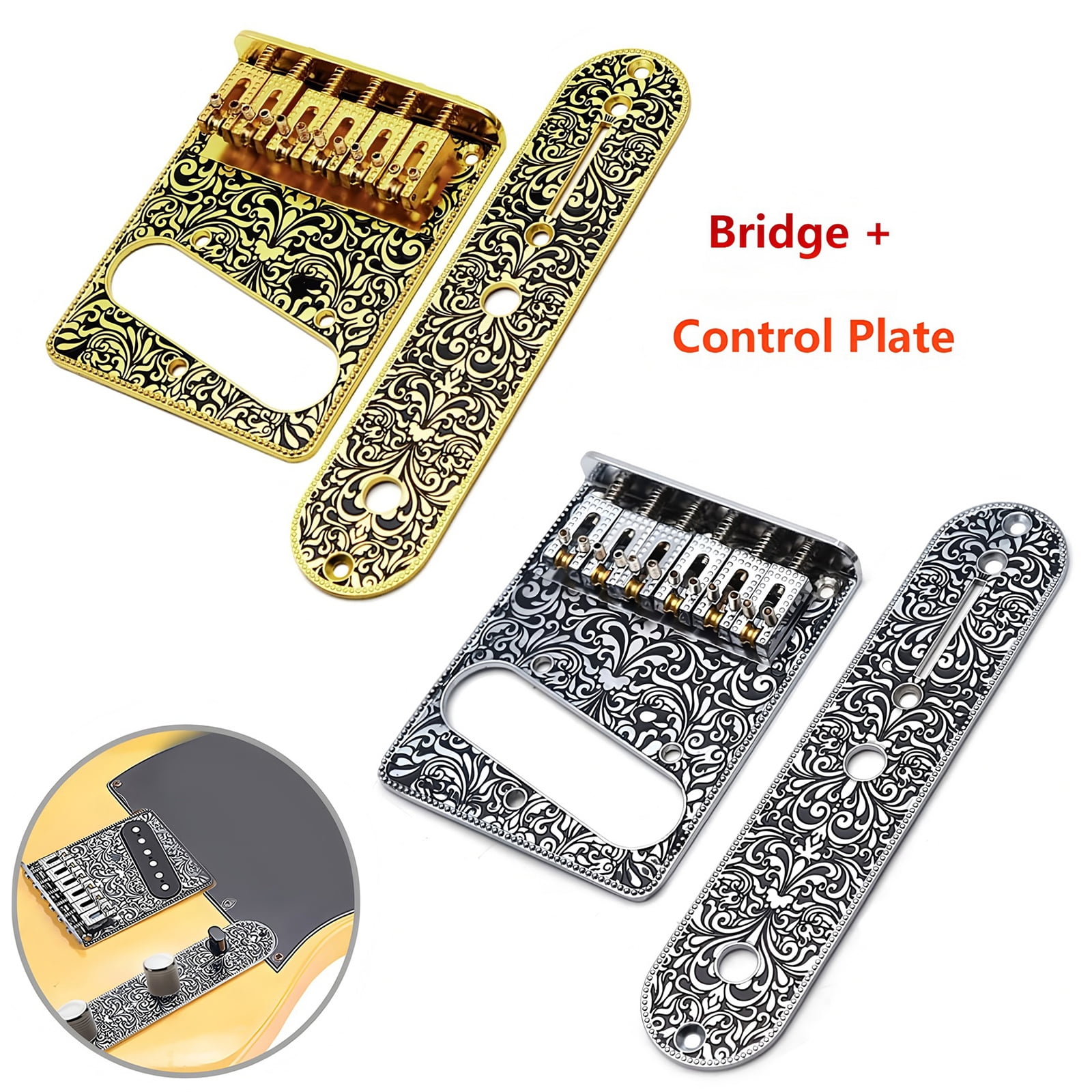 Electric Guitar Engraved Bridge Control Plate Set 6 String Roller Saddles Bridge and Control Plate Instrument Parts