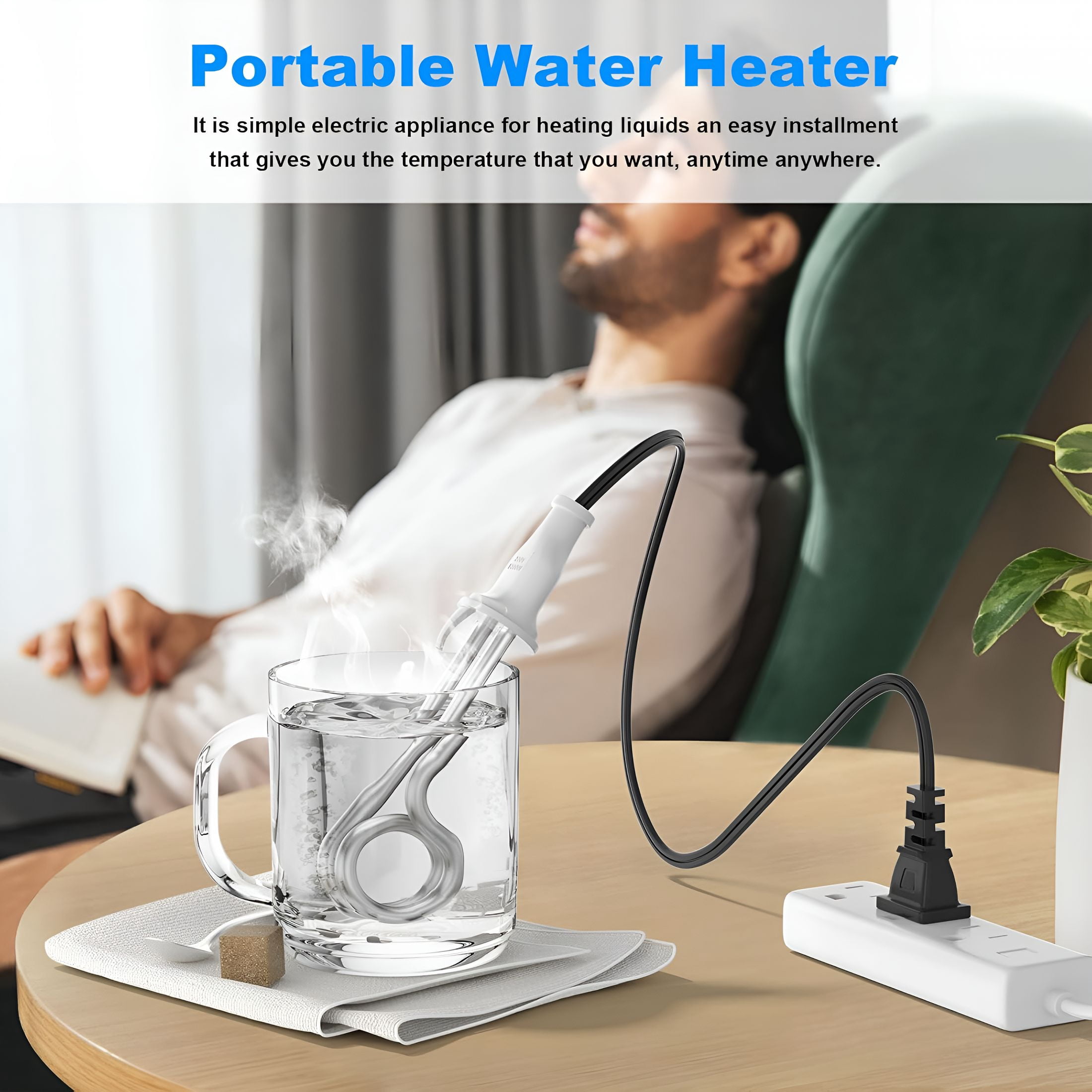 HIBIBUD Immersion Water Heater 300W 120/240V Portable Immersion Water Heater Element,Instant Immersion Cup Mug Heater Fit Camping Traveling Coffee/Tea/Soup Electric Water Portable Reheater