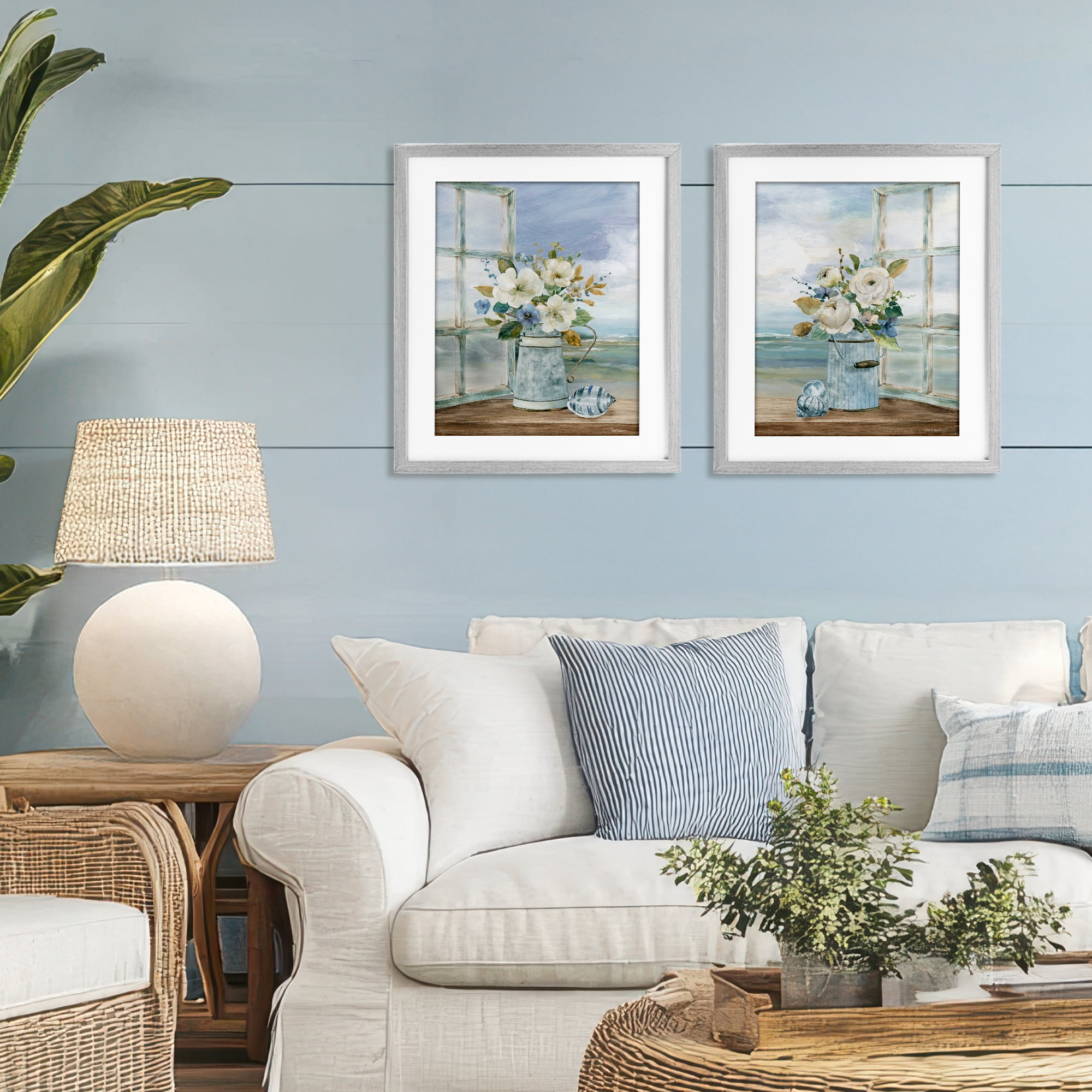 Stupell Industries Seaside Bouquets in Window 2 Piece Gray Framed Print Under Glass Set, design by Carol Robinson