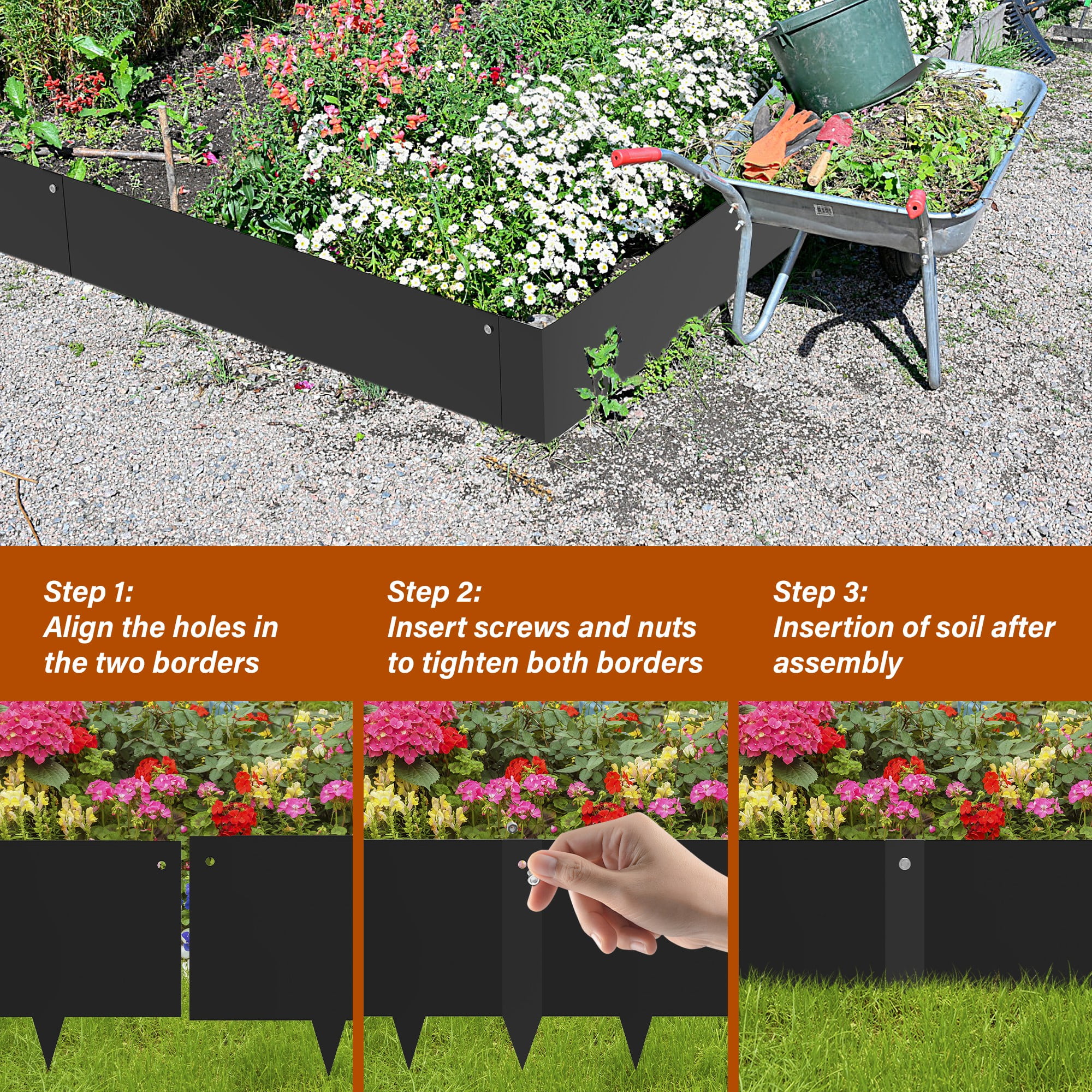 8" Black Metal Landscape Edging Corten Steel for Flower Bed Landscaping Garden Border Strips for Lawn Grass DIY Decorative Pathway Yard Plant Outdoor Landscape Divider Edge Stakes Hammer-in 6PCS