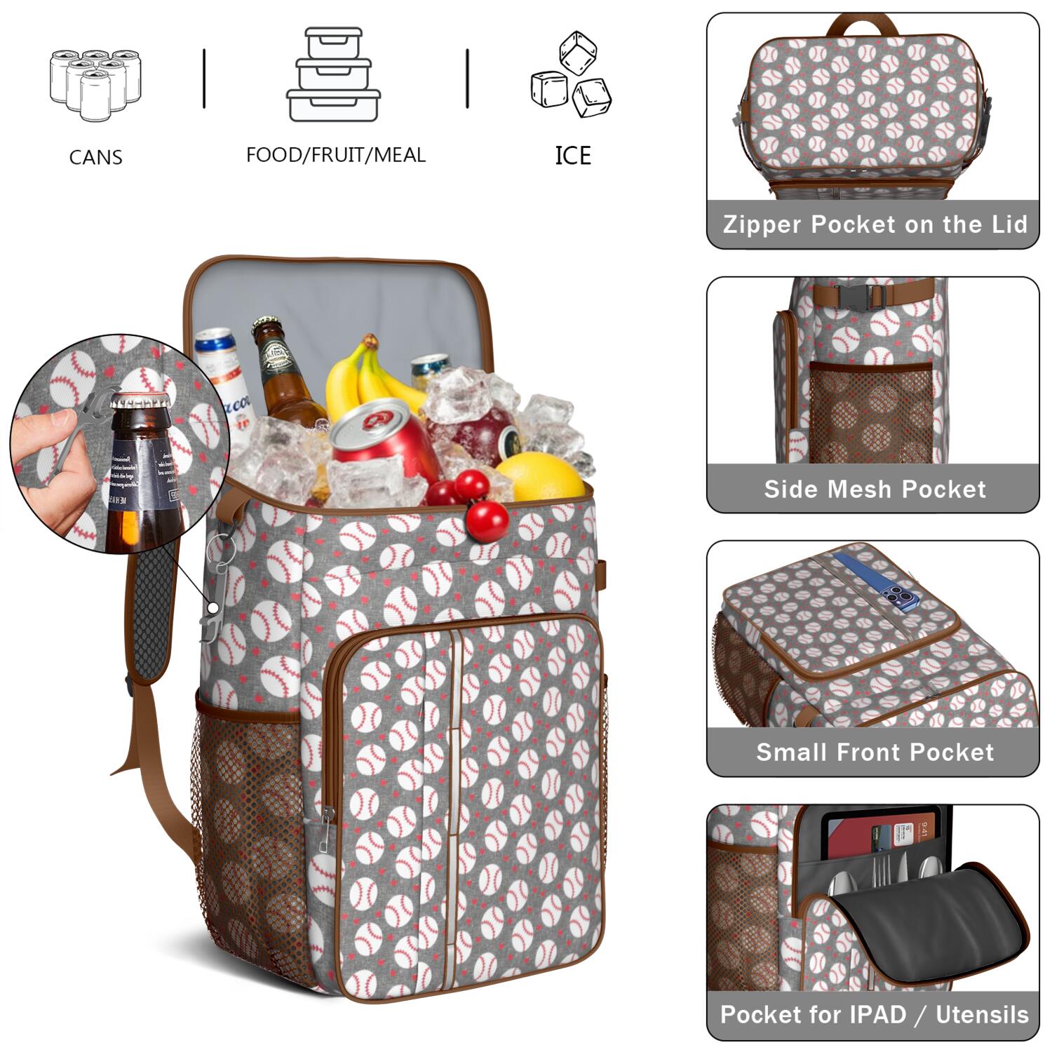 Travel Cooler Bag - Baseballs and Love Camping Beer Cooler Backpack with Bottle Opener- Waterproof Insulated Picnic Backpacks - Cooler Bag for Beach