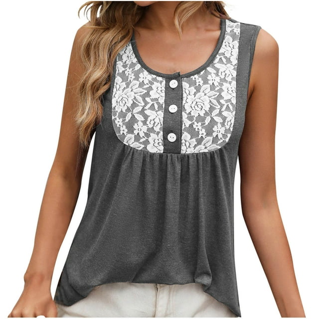 Hauts Grande Taille pour Femmes en Liquidation, Blouse à Manches Courtes d'Été pour Femmes, Haut Décontracté à Col Rond avec Dentelle et Patchwork