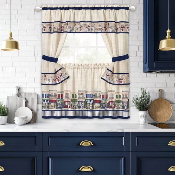 Bon Appetit 3-Piece Tailored Cottage Set – Soft linen textured Window Treatment Farmhouse Decor with Tier Pair & Valance with attached Swaggers, Cafe Curtains & Tiebacks 57" x 24", Navy