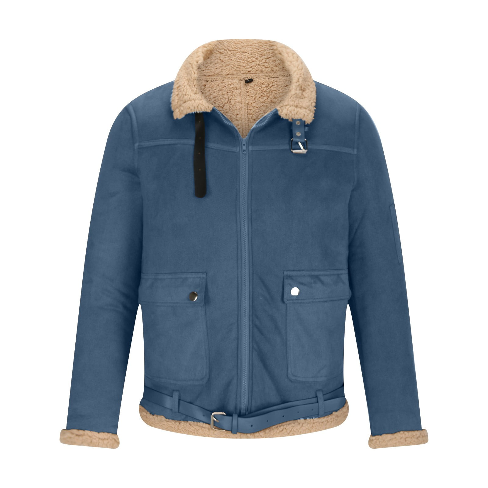 ZCFZJW Mens Faux Leather Jacket - Winter Plush Thick Warm Sherpa Fleece Lined Heavy Coat Casual Long Sleeve Full Zip up Bomber Jacket with Shearling Lining Blue XXXXL