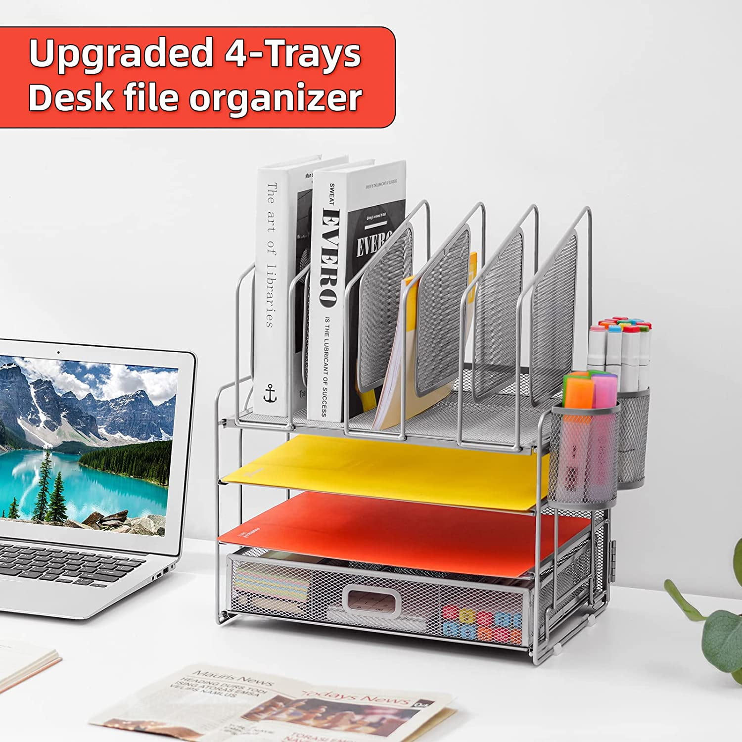Marbrasse Desk Organizer with Drawer, 4-Tier Mesh Desk File Organizer with 5 Vertical File Holders and 2 Pen Holders, Multifunction Desktop Organizer