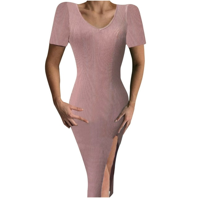 EQWLJWE Robes d'Été pour Femmes 2023 Mode Féminine Couleur Unie Aguichant Manches Courtes Robe Tricotée Fendue
