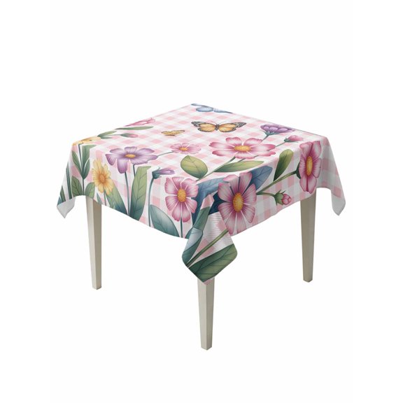 Pink Flowers Table Cloth, Waterproof Tablecloth for Square Tables, Spring Floral Butterfly Leaves Plants Rustic Plaid Reusable Washable Fabric Table Cover for Restaurant Kitchen Dining Tables 54"x54"