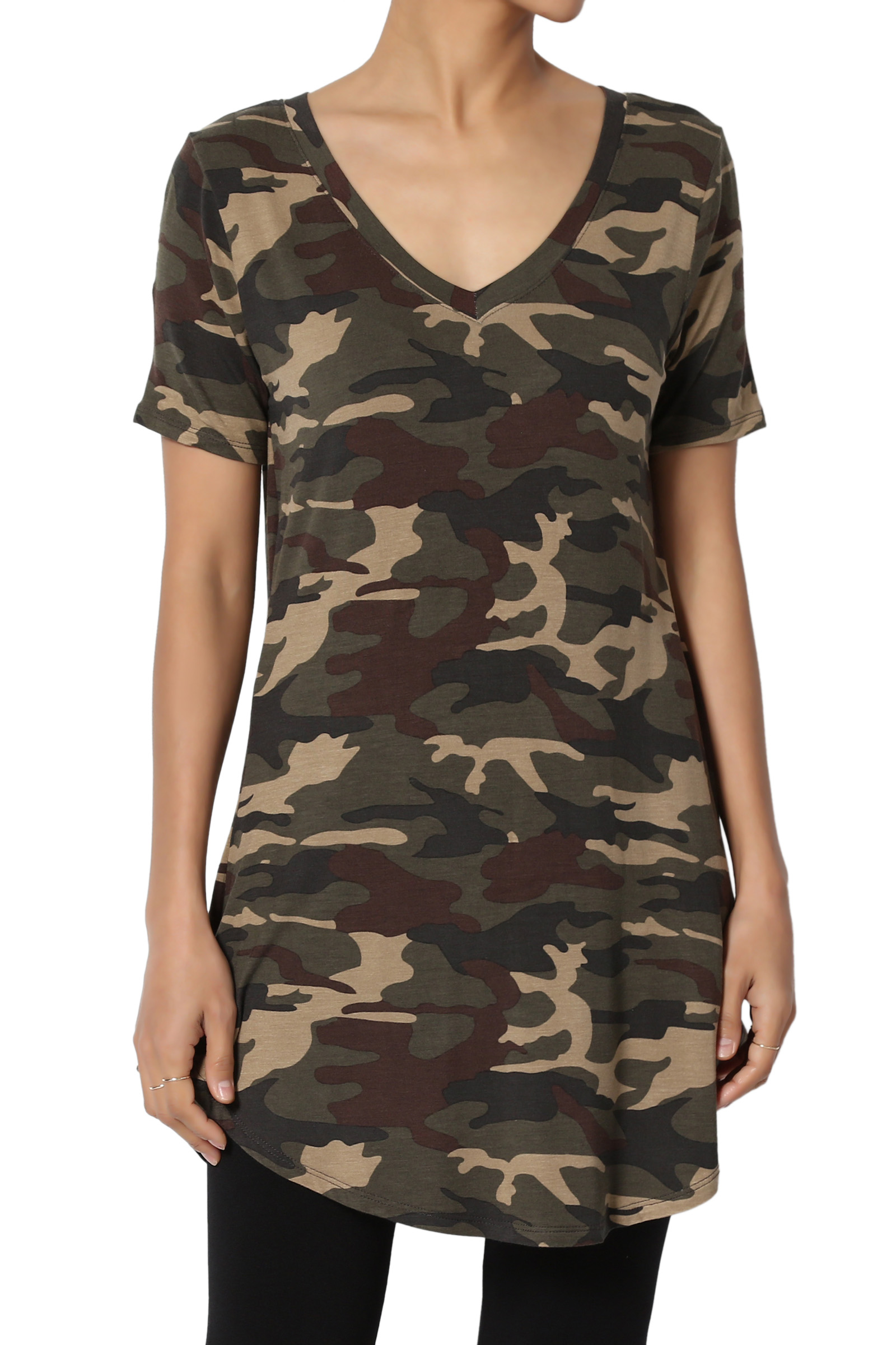 Women's Army Camouflage Print Top Camo Short Sleeve VNeck Round Hem