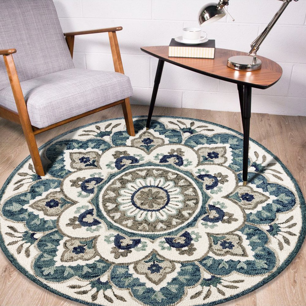 LR Home Hand Tufted Floral Medallion Dazzle Ivory Teal Wool 4 Ft. Round