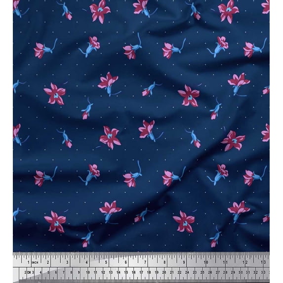 Soimoi Japan Crepe Satin Fabric Dot & Wildflower Floral Print Sewing Fabric Yard 42 Inch Wide