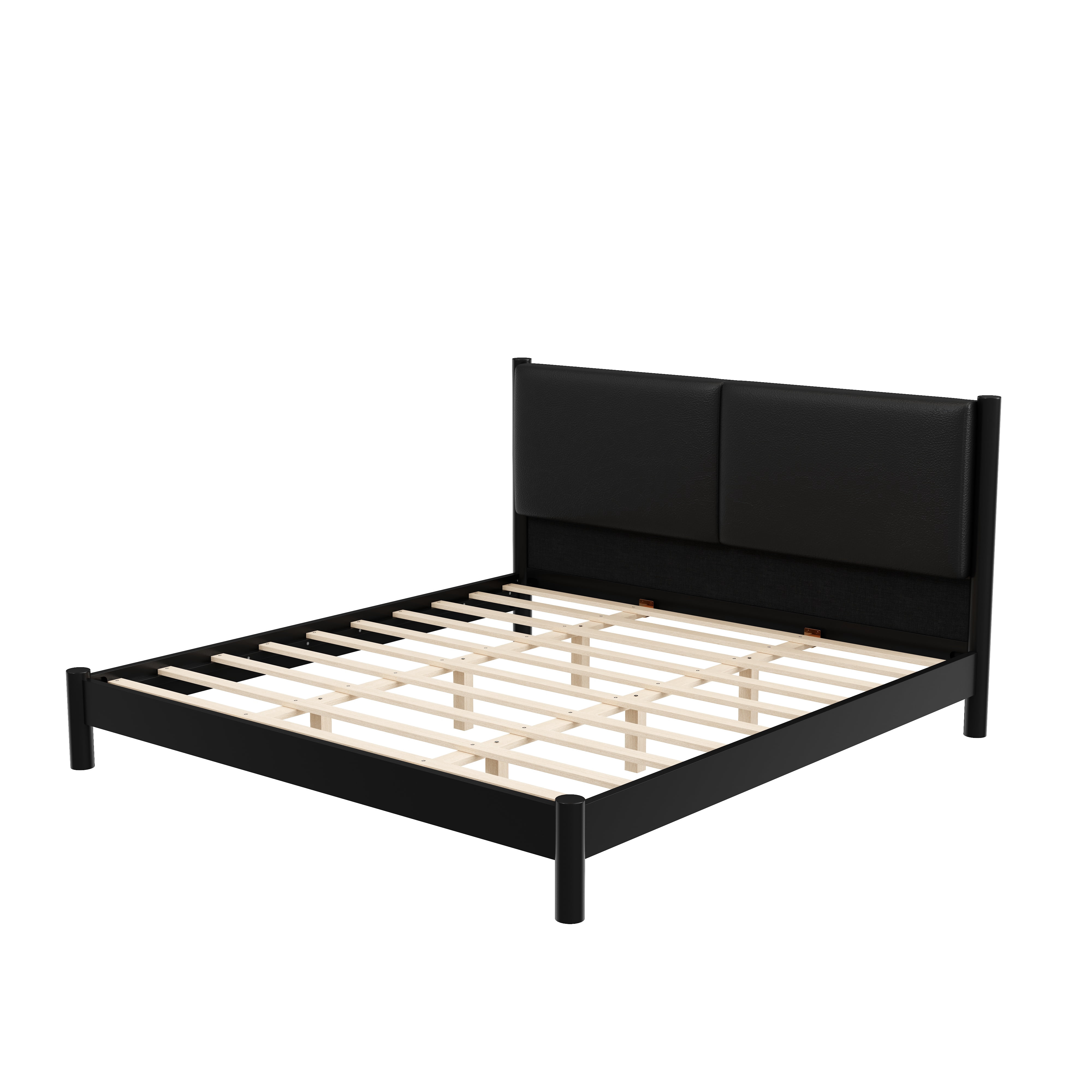 Euroco Wood King Size Platform Bed with PU Leather Headboard, No Box Spring Needed, Black