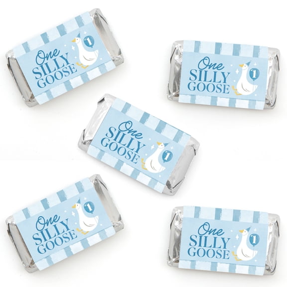 Big Dot of Happiness One Silly Goose Blue Party Mini Candy Bar Wrapper Stickers, Small Boy 1st Birthday Party Favors, Decorative Sticker Labels - 40 Count