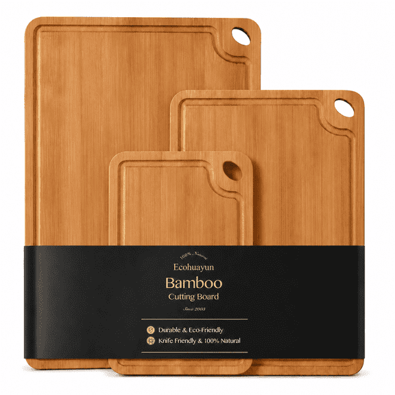 Bamboo Cutting Board Set, 3 Piece Kitchen Boards with Deep Grooves, Double-Sided Design, Hanging Holes, Large 15x10, Medium 12x8, Small 9x6 Inches
