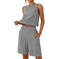 thumbnail image 2 of Women's Solid Color Sleeveless Crop Top Bermuda Shorts Set,Pockets High Waist Linen-Look Outfit,Loose Fit Breathable Casual Two-Piece Set for Summer Daily Wear Dark Gray S, 2 of 6