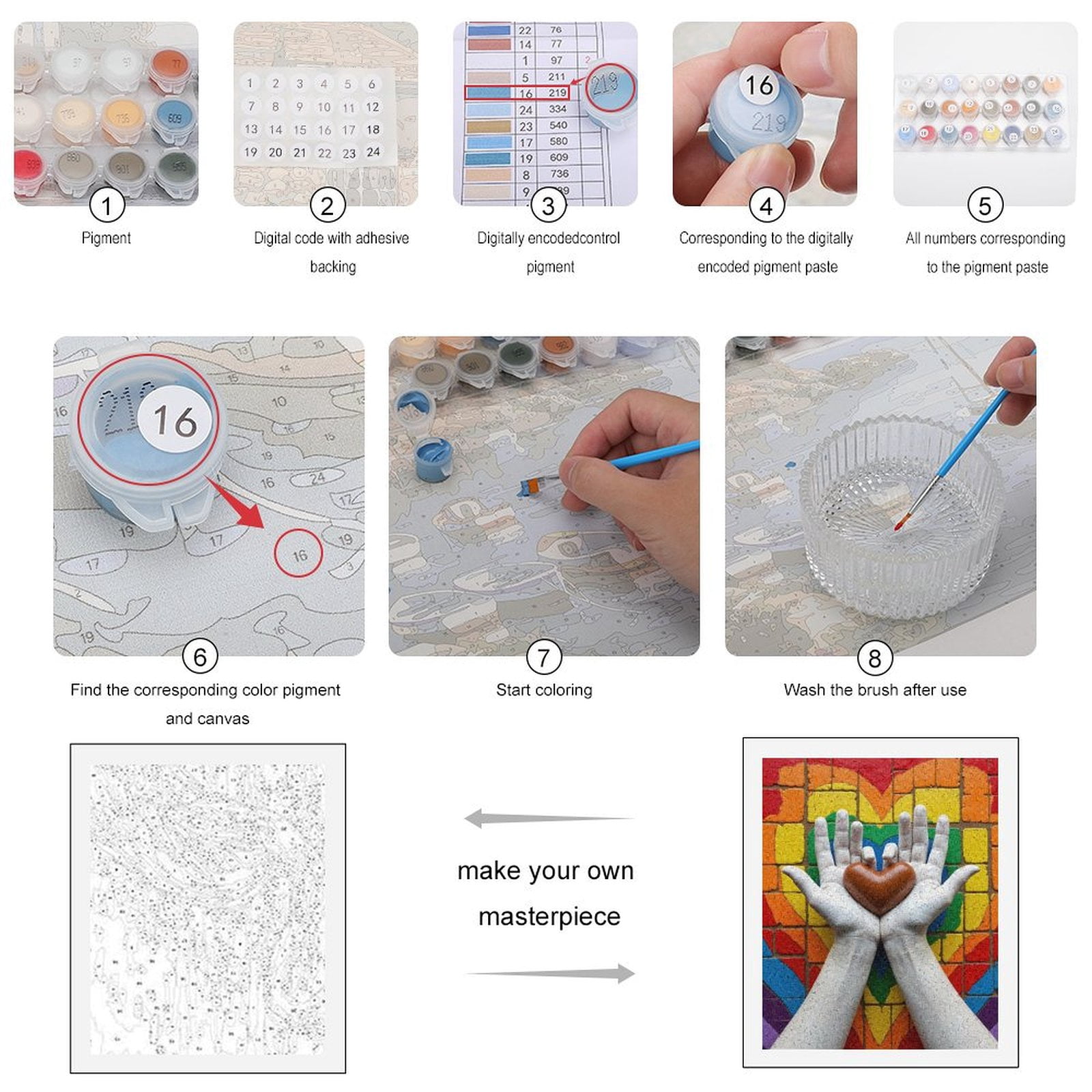 Paint by Numbers Kit for Adults, Colorful Hands Heart Mosaic Artwork Paint by Numbers, Easy Paint by Numbers Kit for Adults Beginner, DIY Adult Paint by Number Kits on Canvas, Home Decor 12x16in