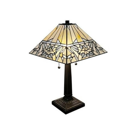 Amora Lighting  22 in. Banker Mission Tall Stained Glass Frost Tiffany Style Table Lamp, Ivory