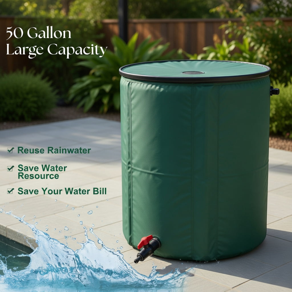 GVN 53 Gallon Portable Collapsible Rain Barrel Water Collector, Portable Water Storage Tank, Garden Water Catcher with Debris-Filter Top and Hose Tap